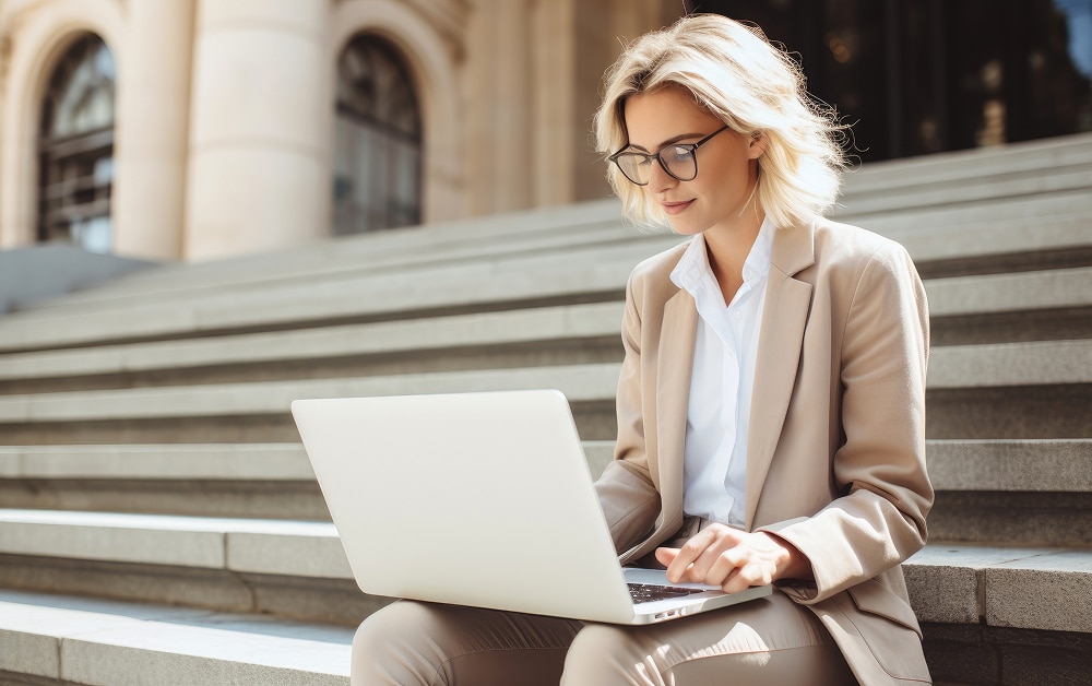 Woman sits on steps outside with her laptop to review board governance training.