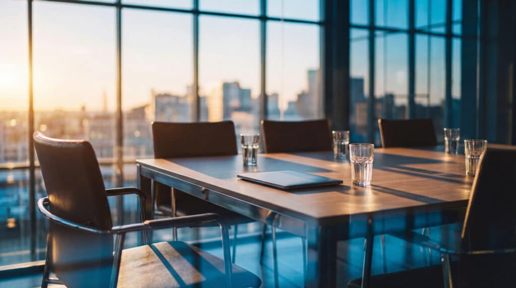 An empty boardroom represents a closed board meeting.
