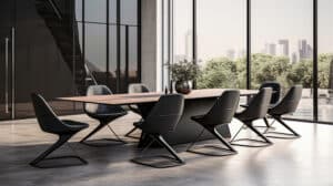 Empty boardroom chairs represent enterprise board portal solutions.