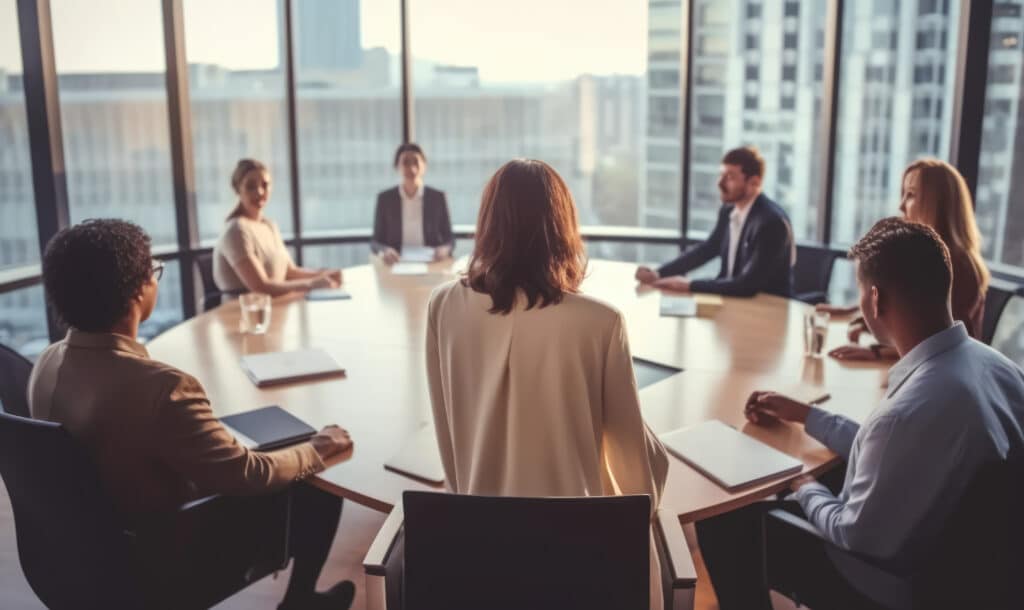 Board meets around a table to discuss board governance trends with female director standing.