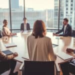 Board meets around a table to discuss board governance trends with female director standing.