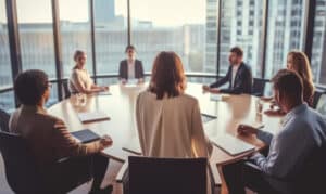 Board meets around a table to discuss board governance trends with female director standing.