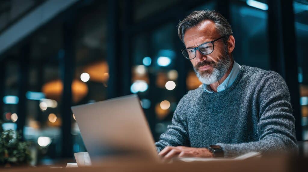 An older board member uses his laptop to access board management software.